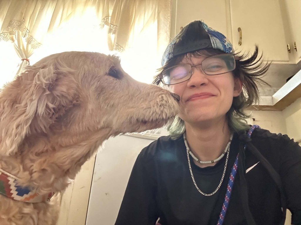 Andre nose-booping a happy boarding dog